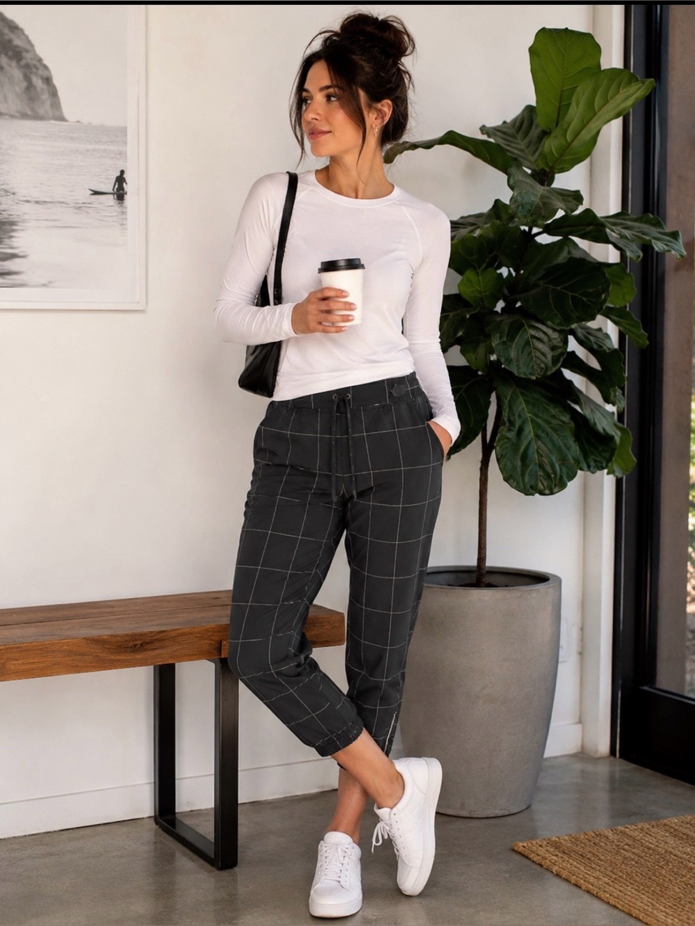 ALBION FIT Womens S Jetsetter Windowpane Ankle Zip Jogger Crop Pants Black